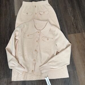 NWT Commence beige knit skirt sweater set XS gold buttons knit preppy cardigan